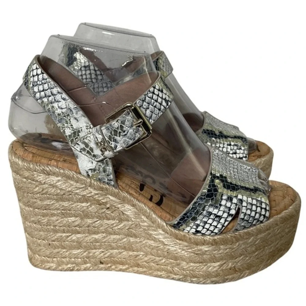 Sam‎ Edelman Maura Snakeskin Platform Wedge Espadrille Sandals White Black 6M